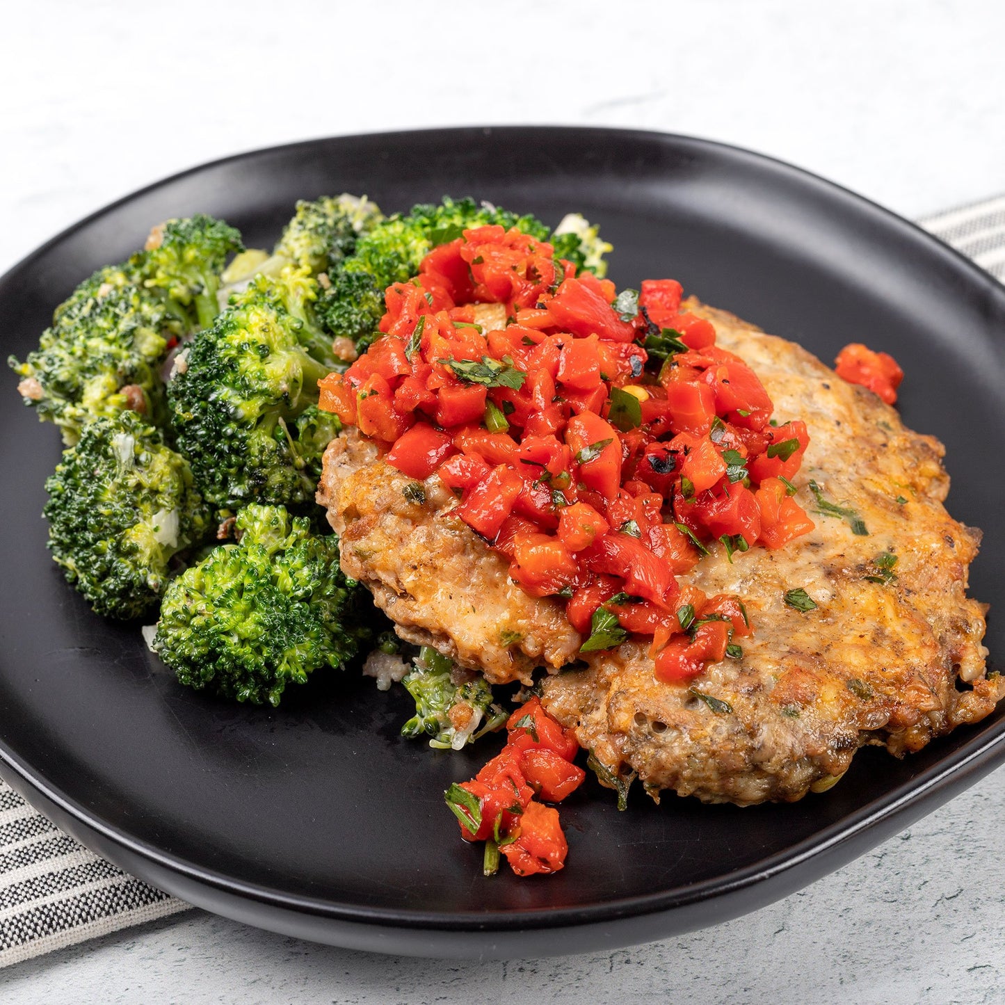 Buffalo Chicken Burger With Broccoli & Bacon Salad